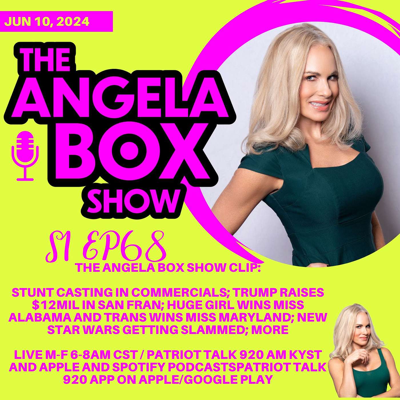 The Angela Box Show - June 10, 2024 S1 EP68 - STUNT CASTING IN COMMERCIALS; TRUMP RAISES $12MIL IN SAN FRAN; HUGE GIRL WINS MISS ALABAMA AND TRANS WINS MISS MARYLAND; NEW STAR WARS GETTING SLAMMED; MORE