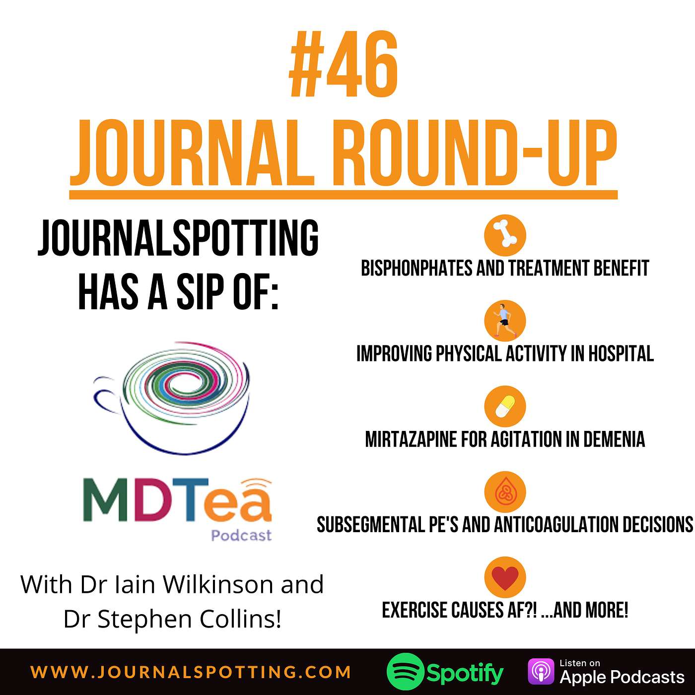 #46 Journal Round Up// with MDTea hosts! Mirtazapine in Agitation, physical activity in hospital, subsegmental PEs & anticoag risk, AF from exercise, bisphosphonate benefits, POCUS focus... & MORE