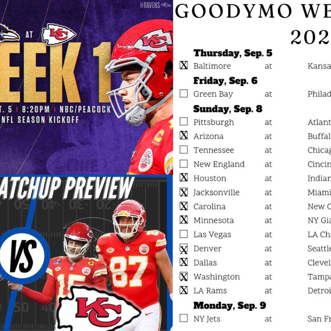 NFL WEEK 1 PREVIEW) HAPPY LABOR DAY) Ravens vs Chiefs NFL PICKS. (G.S.Q.H.) Let's Talk About It!