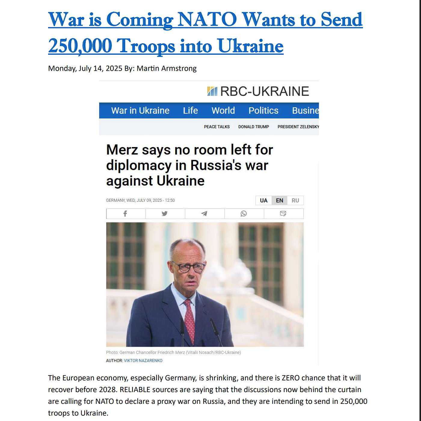 War is Coming, NATO Wants to Send 250,000 Troops into Ukraine - Martin Armstrong