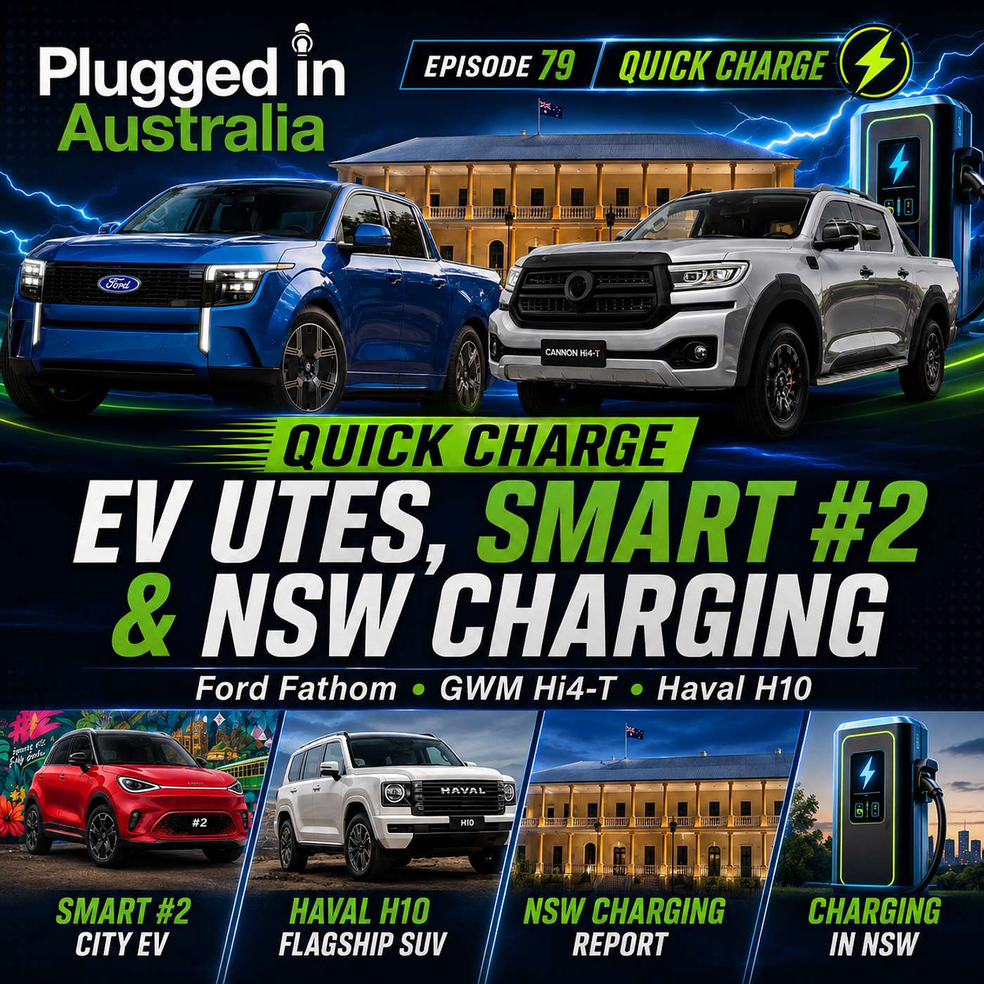 Episode 79; Quick Charge: Ford Fathom EV Ute, GWM Cannon PHEV and Smart #2 Teased in Melbourne episode artwork