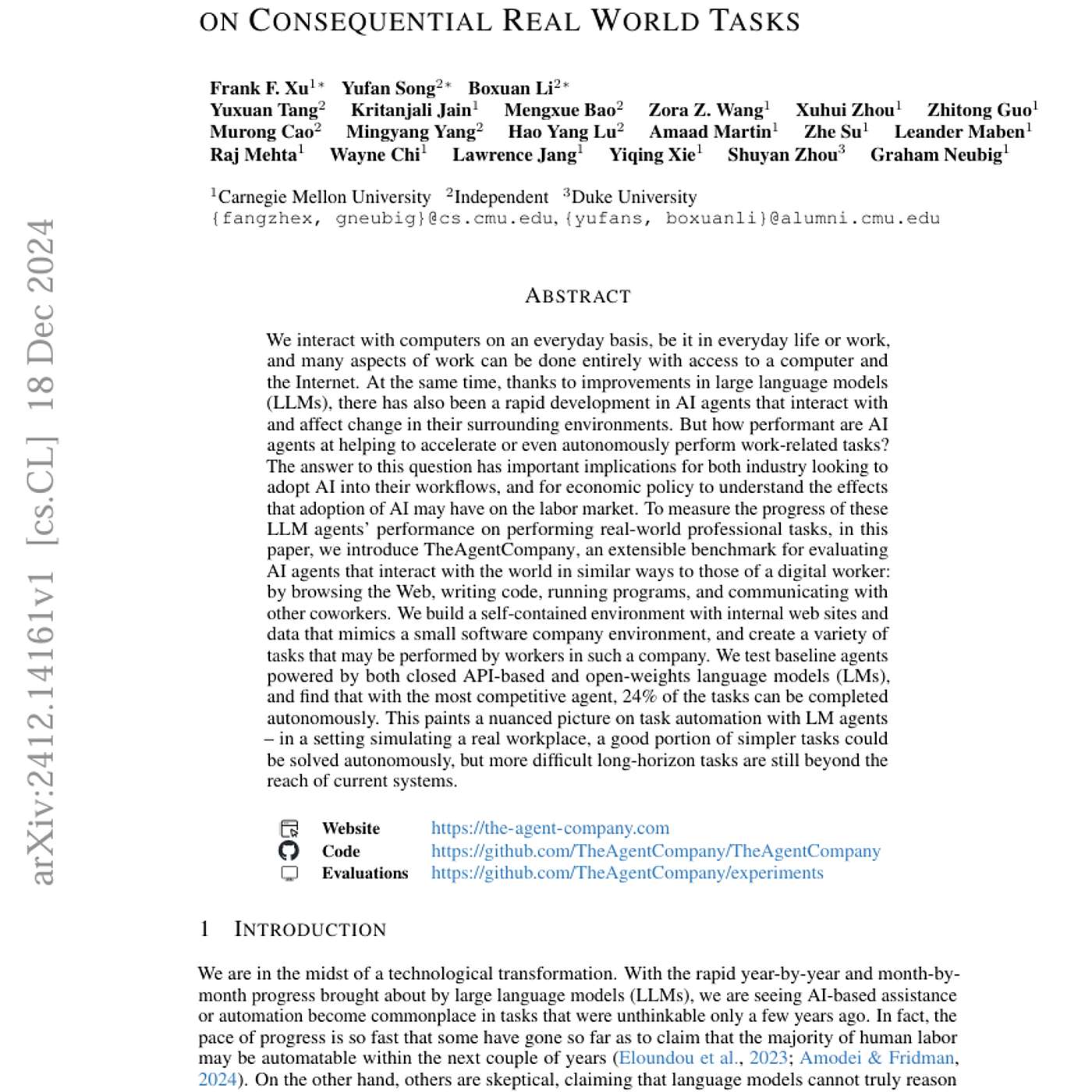 The Agent Company Benchmark: Evaluating AI's Real-World Capabilities