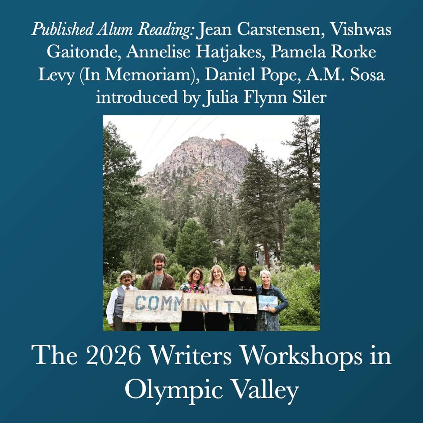 Published Alum Reading: Jean Carstensen, Vishwas Gaitonde, Annelise Hatjakes, Pamela Rorke Levy (In Memoriam), Daniel Pope, A.M. Sosa introduced by Julia Flynn Siler episode artwork