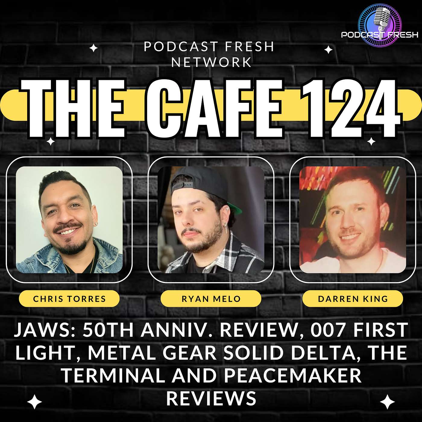 Podcast Fresh Cafe #124 - Jaws: 50th Anniversary review, 007 First Light, Metal Gear Solid Delta, The Terminal and Peacemaker reviews