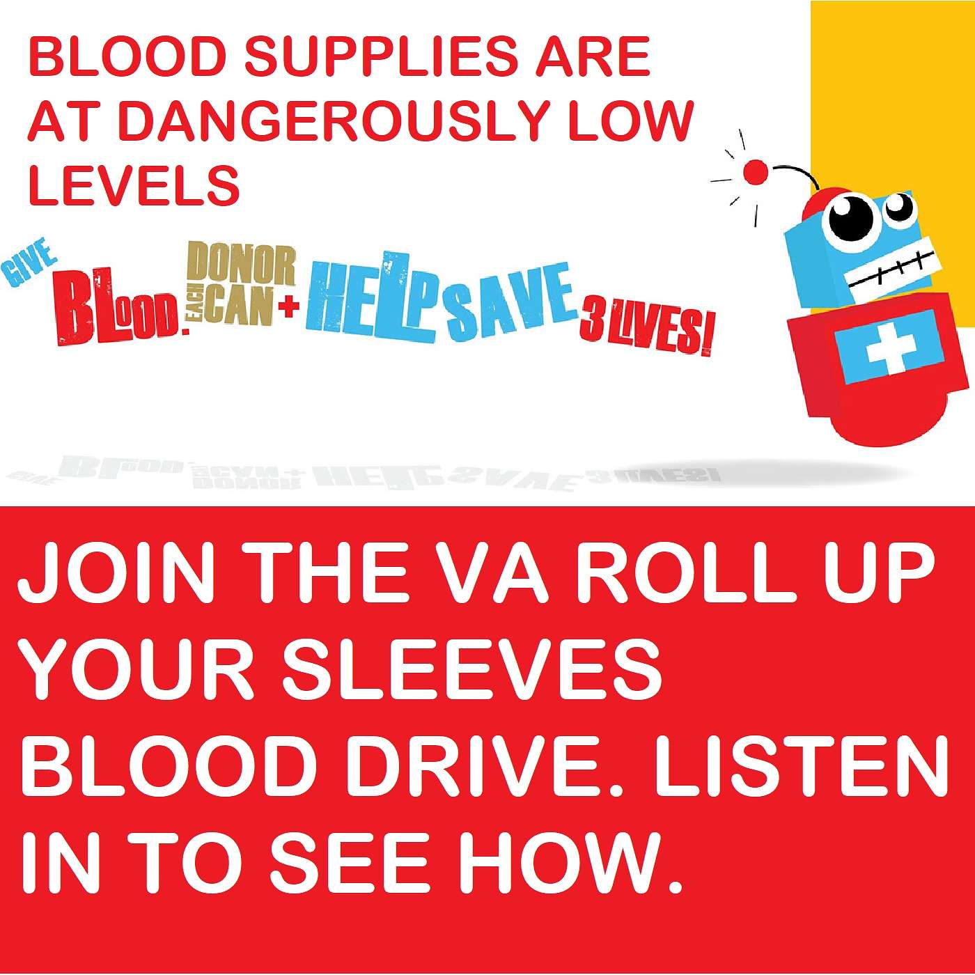 Our national Blood Supply is at risk. We currently are down to one day of less reserves of blood. The VA is asking everyone that can or might be able to give blood to do so. Go to any blood draw and ask it be credited to the VA.