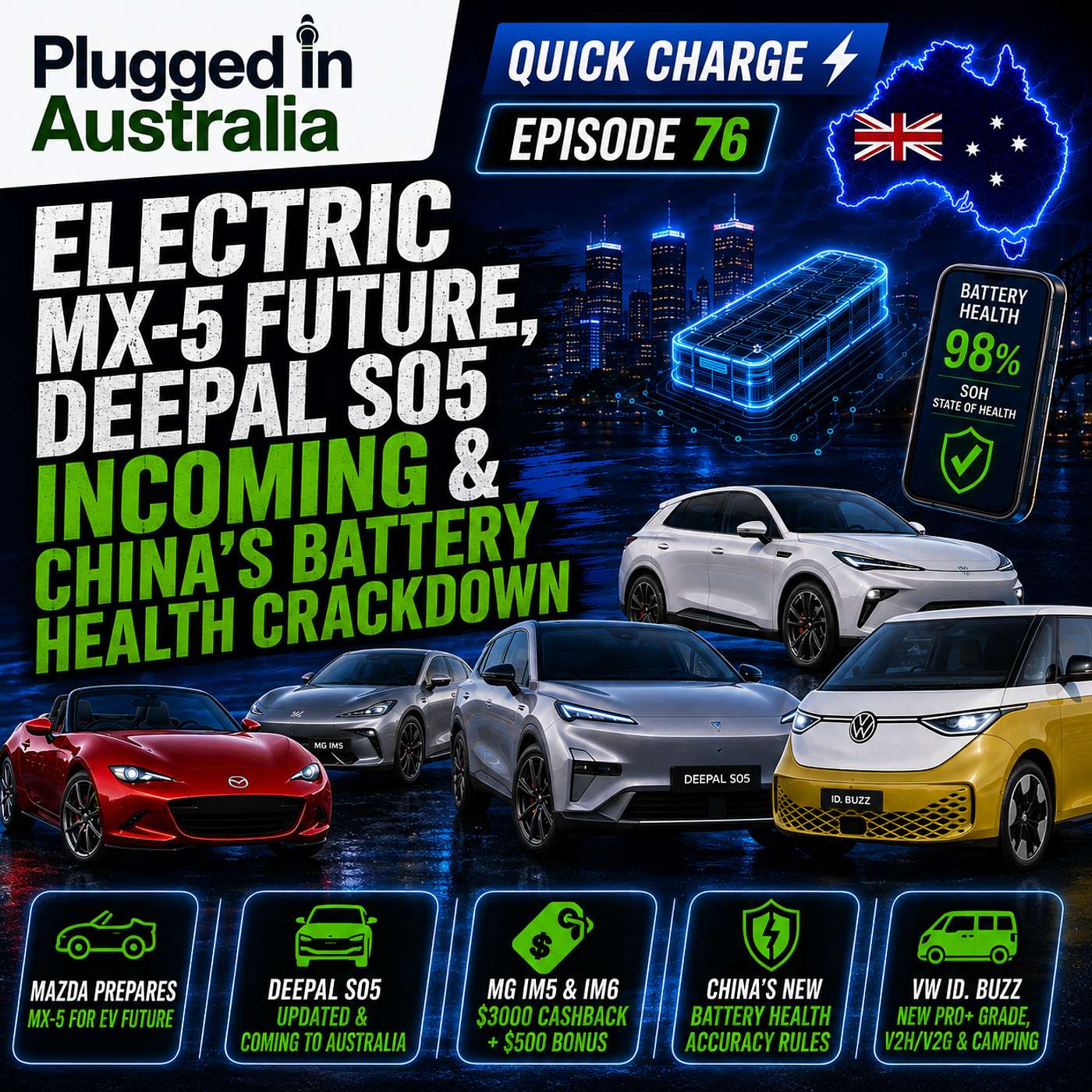 Episode 76; Quick Charge; Electric MX-5 Future, Deepal S05 Incoming and China’s Battery Health Crackdown episode artwork