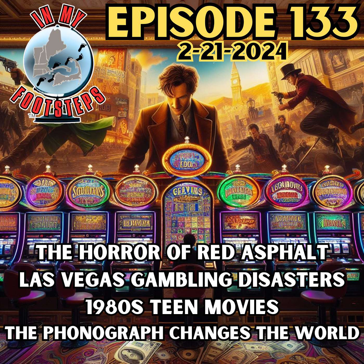 Episode 133: The Horror of Red Asphalt; Las Vegas Gambling Disasters; 1980s Teen Movies; Edison Invents the Phonograph(2-21-2024)