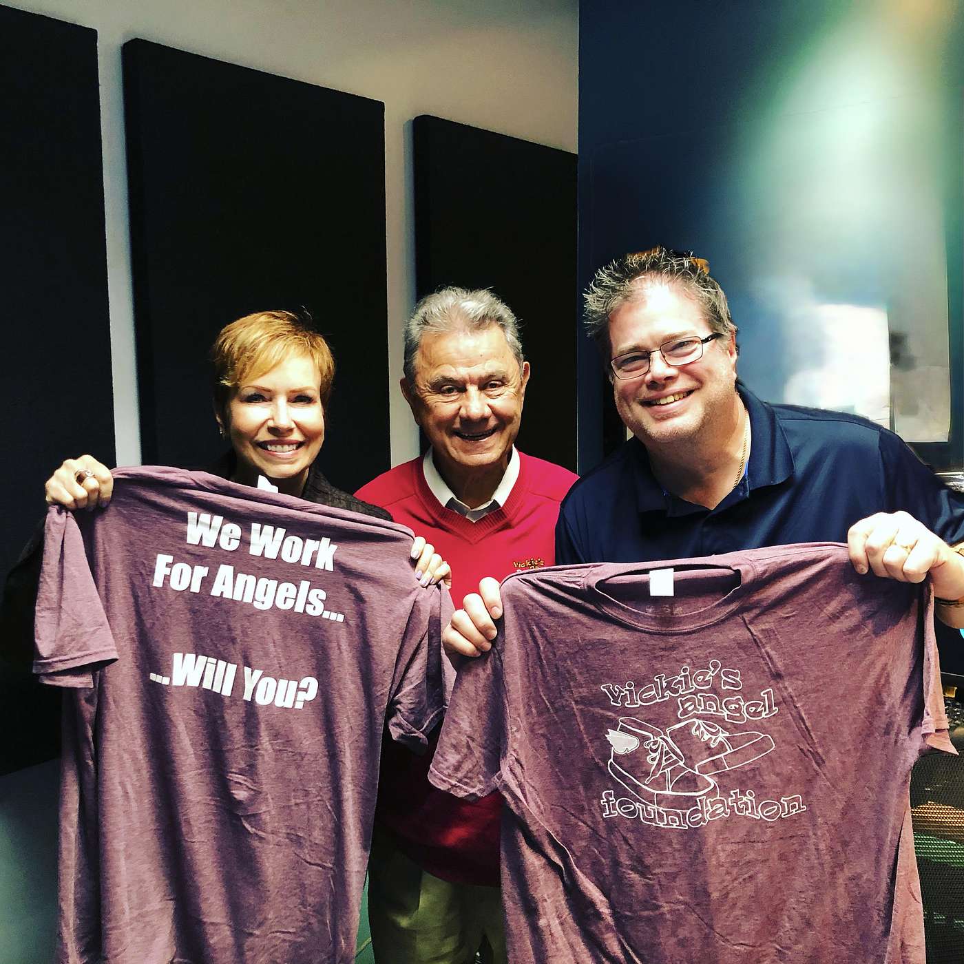 Mickey Minnich from Vickie's Angel Foundation with Nancy and Newman episode artwork