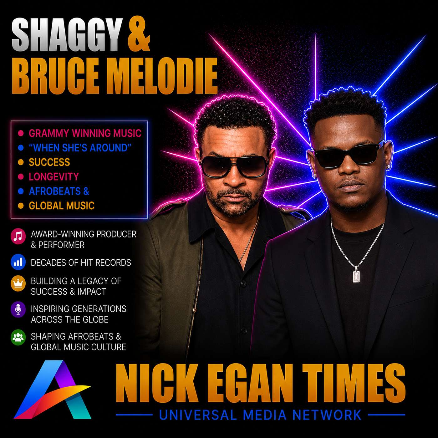 Shaggy & Bruce Melodie Grammy Winning Music, “When She’s Around”, Success, Longevity, Afrobeats & Global Music | Nick Egan Times episode artwork