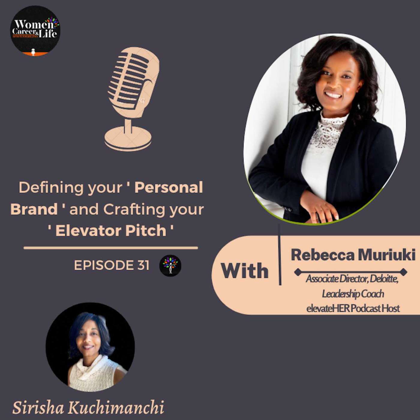 "Crafting Your Elevator Pitch and Defining Your Personal Brand: Insights and Lessons Learned on Overcoming Impostor Syndrome, Self-Limiting Beliefs, and Taking Action"- Rebecca Muriuki, Associate Director, Deloitte,  Leadership Coach, elevateHER Podcast H