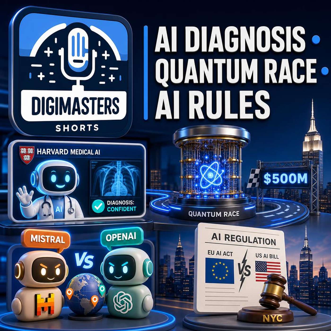 Harvard AI Diagnoses, PsiQuantum’s $500M Quantum Race, Mistral vs OpenAI Geopolitics, NYC AI Regulation Clash episode artwork
