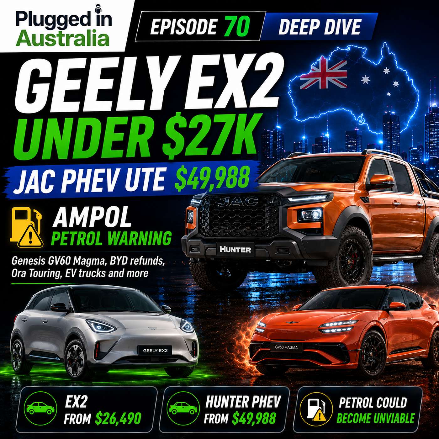 Episode 70; Deep Dive: Geely EX2 Under $27K, JAC’s $49,988 PHEV Ute and Ampol’s Petrol Warning episode artwork