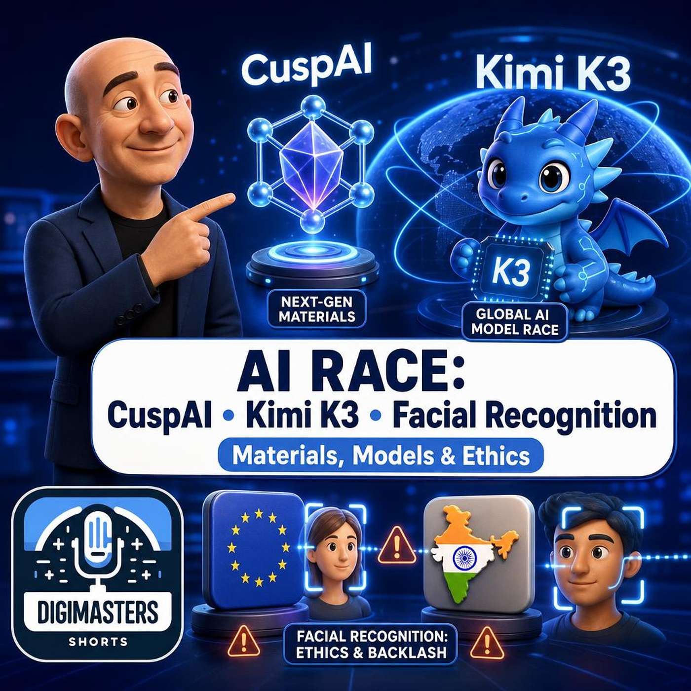 Jeff Bezos Backs UK AI Startup CuspAI Revolutionizing Materials, Chinese AI Model Kimi K3 Sparks Global Race Controversy, EU Faces Backlash for Exporting Banned Facial Recognition to India