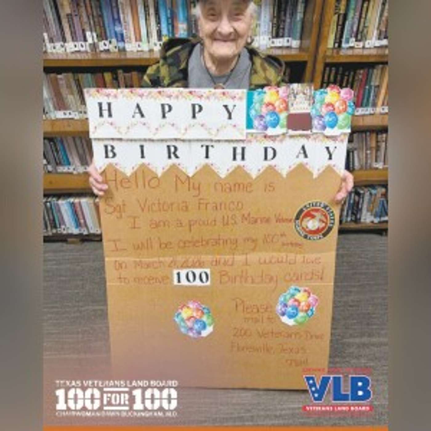 Send U.S. Marine veteran Victoria Franco 100 birthday cards Send U.S. Marine veteran Victoria Franco 100 birthday cards