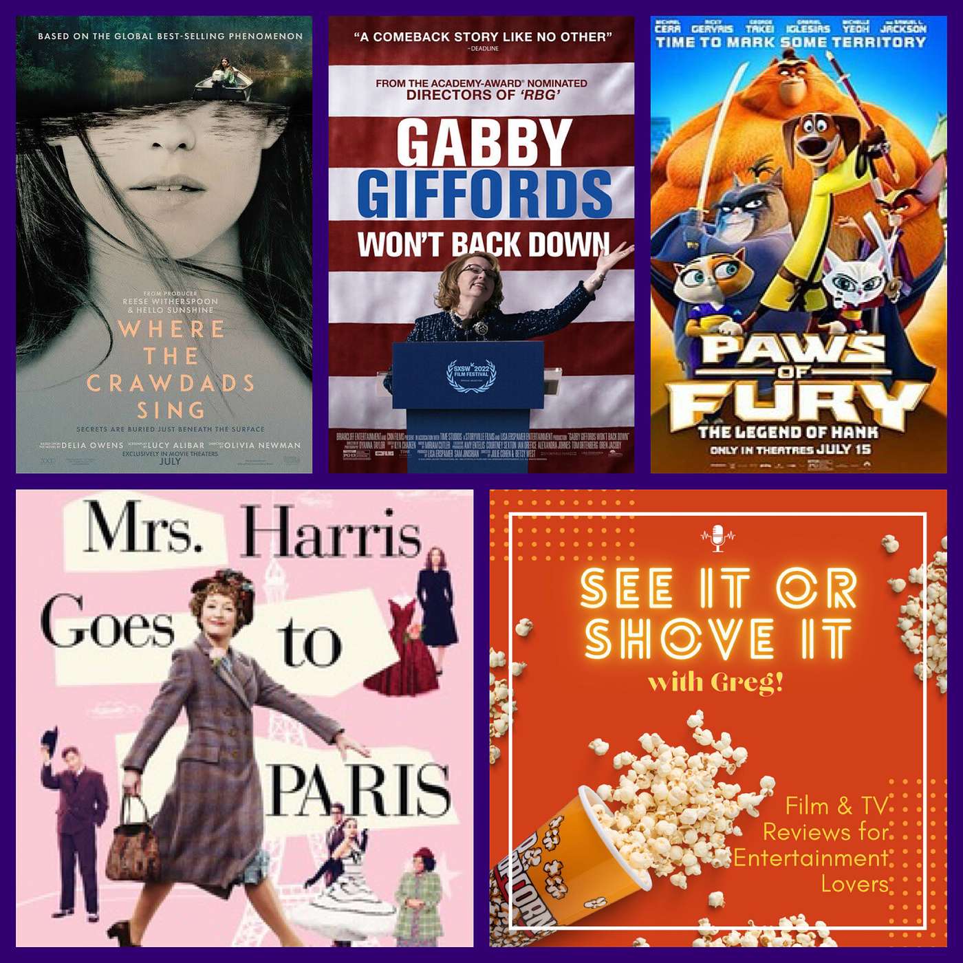 Episode 22: Where the Crawdads Sing, Mrs. Harris Goes to Paris, Gabby Giffords Won't Back Down, Paws of Fury: The Legend of Hank episode artwork