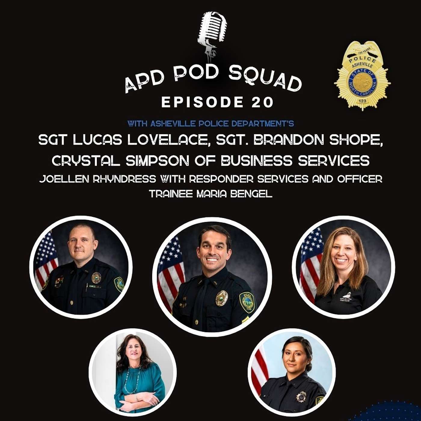 Episode 20; Sgt. Brandon Shope, Sgt. Lucas Lovelace, Officer Trainee Maria Bengel, Crystal Simpson, Joellen Rhyndress, and Hannah Silberman episode artwork