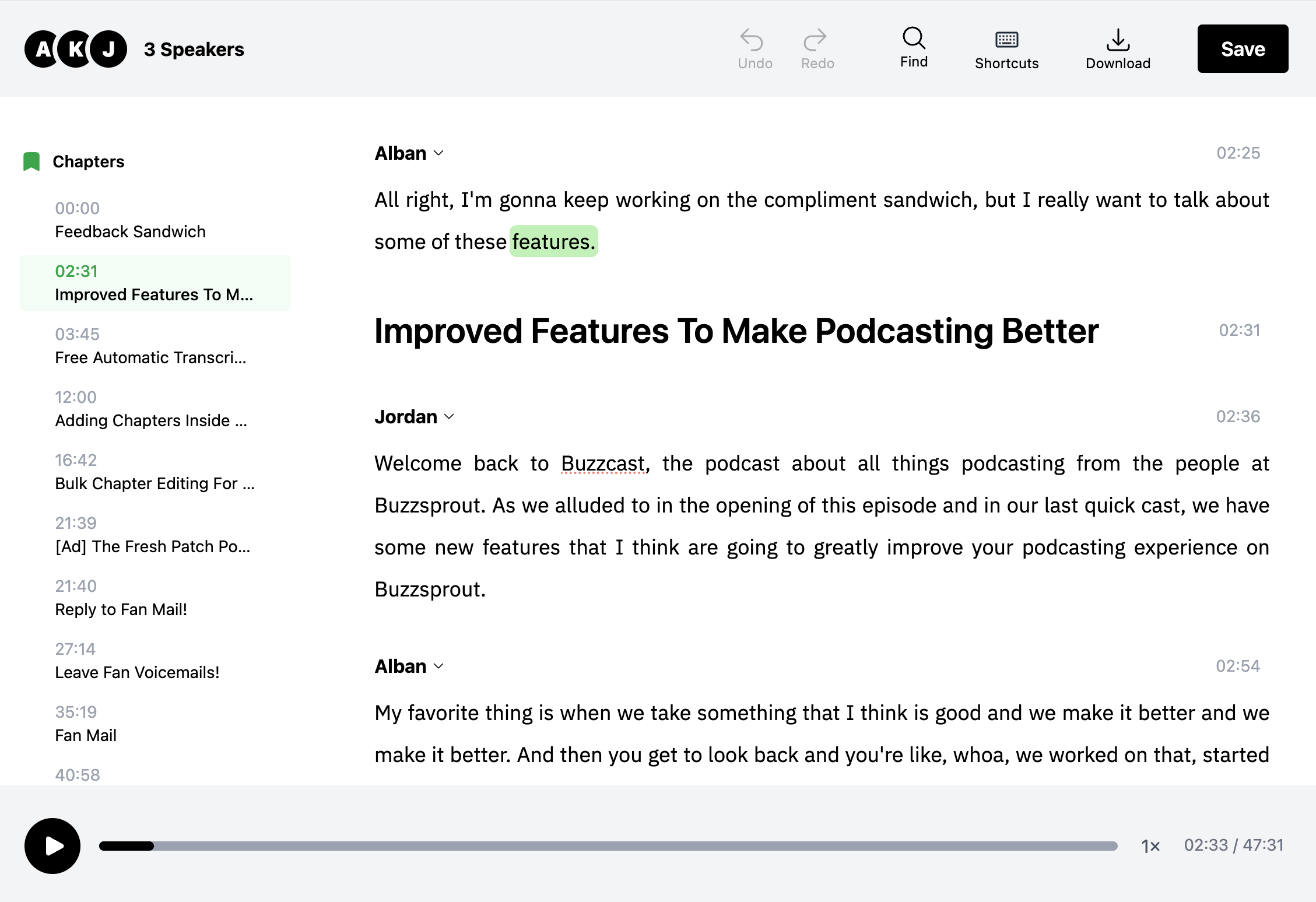 Chapter editing in Buzzsprout Transcripts
