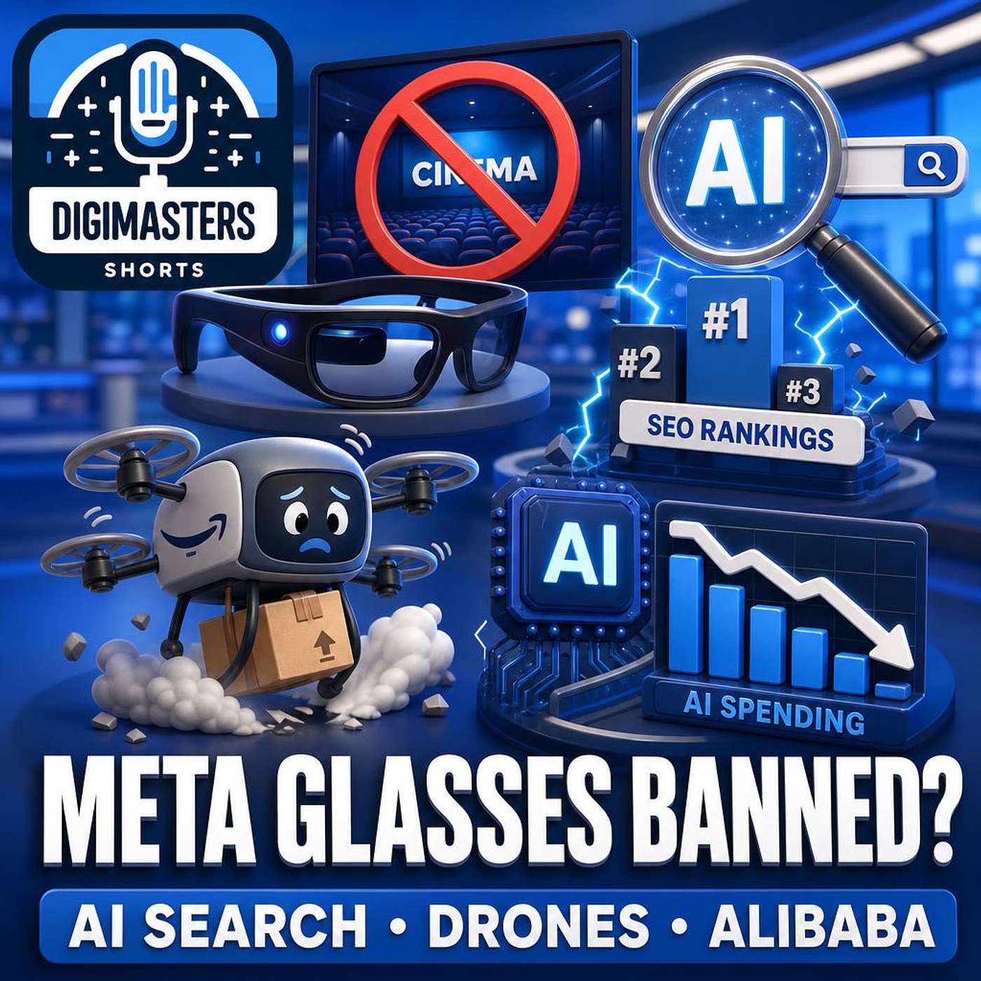 Meta’s Glasses Face Cinema Bans, AI Search Disrupts SEO, Amazon Drones Crash Deliveries, Alibaba’s AI Spending Sinks Profits episode artwork