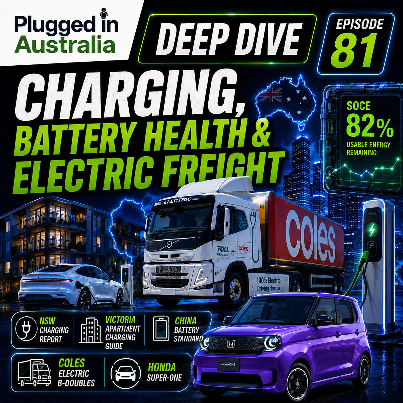 Episode 81; Deep Dive: Electric B-Doubles, EV Charging Fixes, Battery Health & Honda Super-One episode artwork