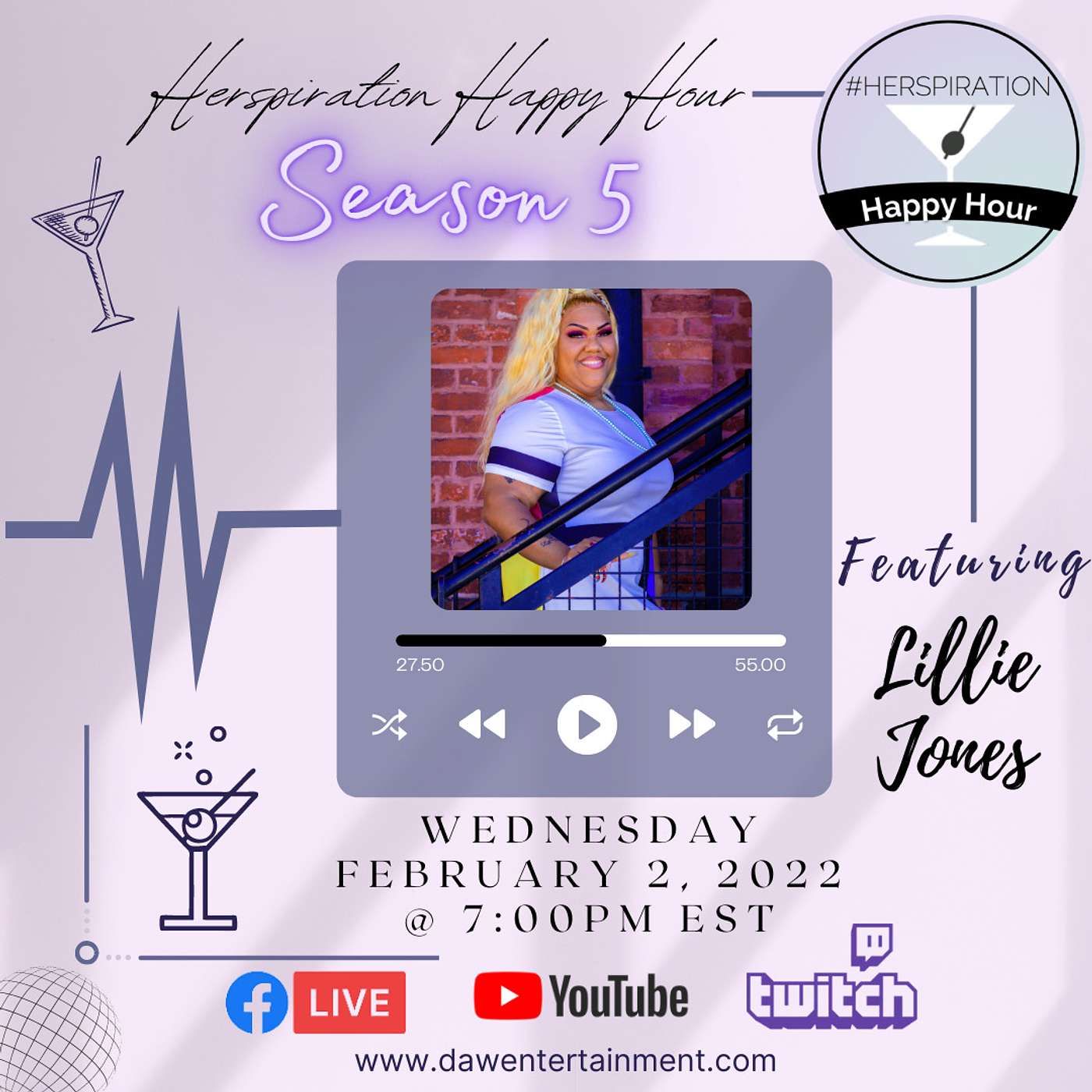 Herspiration Happy Hour Season 5, Episode 5, featuring Marketing, Media Strategist, and TV Personality, Lillie Mae Jones episode artwork