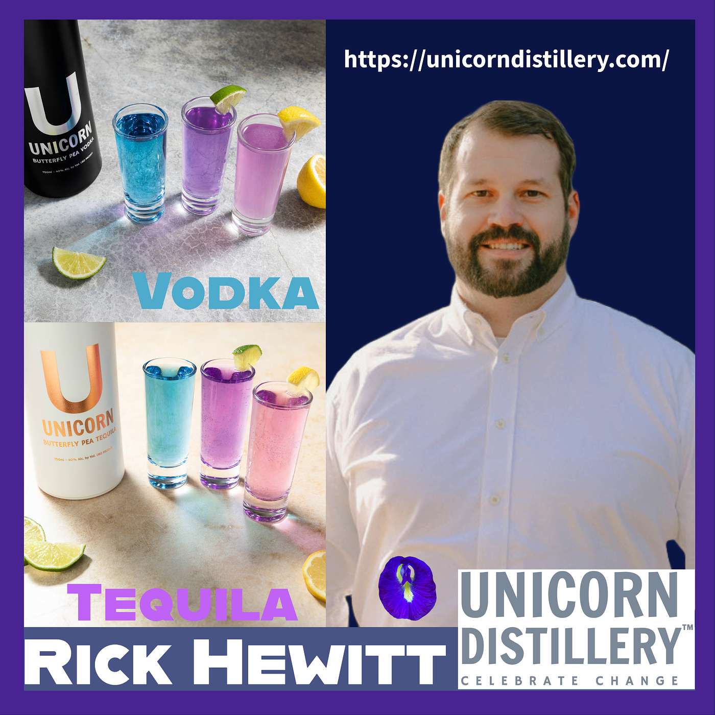 Rick Hewitt Unicorn Vodka and Tequila Butterfly Pea Spirits