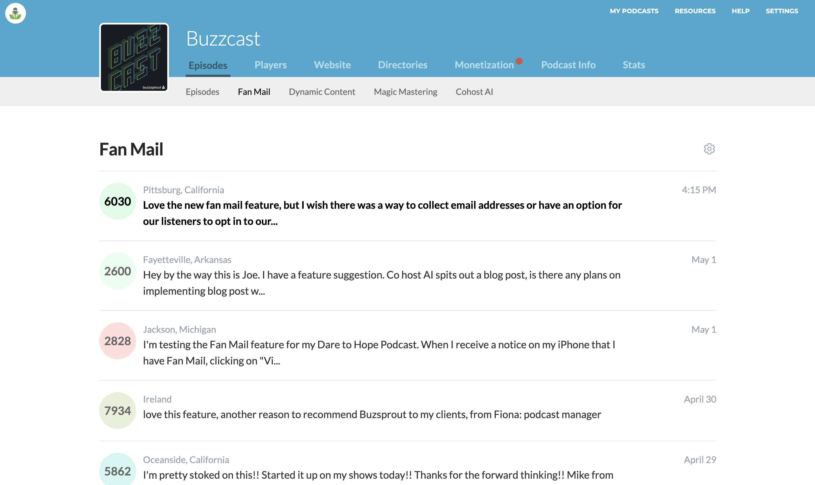 Fan Mail inside of Buzzsprout