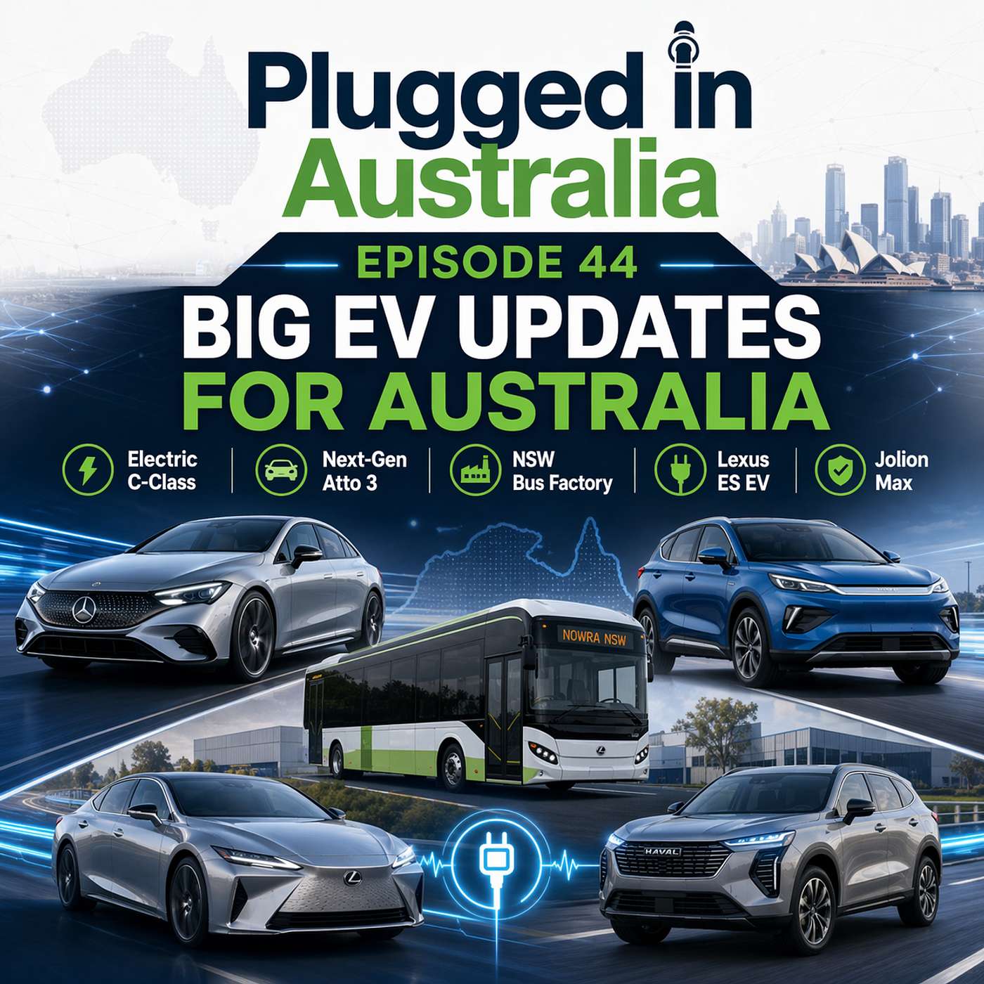 Mercedes Goes Electric on the C-Class, BYD Teases Atto 3 Evolution, Local Bus Manufacturing Kicks Off in NSW, Lexus ES Electric Confirmed for Oz, and GWM Expands Jolion Line with Max Variant episode artwork