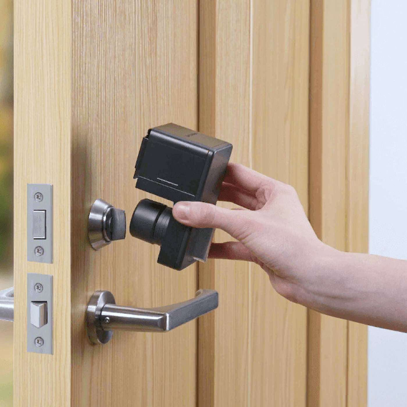 A smart lock that keeps your original door and lock in place.