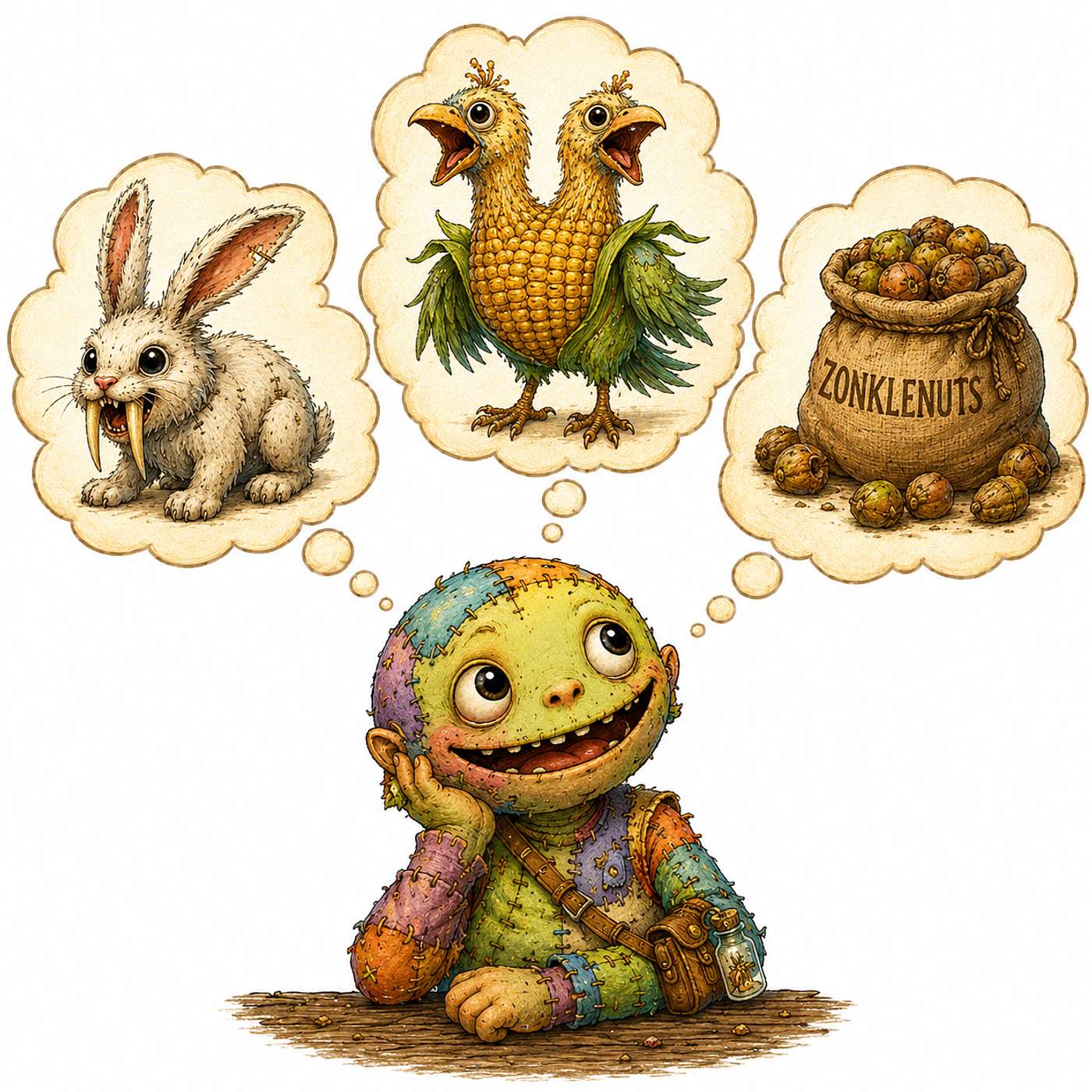 🐇🦷 The Sabretooth Rabbit, 🌽🐦 The Cornbird, and 🥜🌀 The Zonklenuts episode artwork