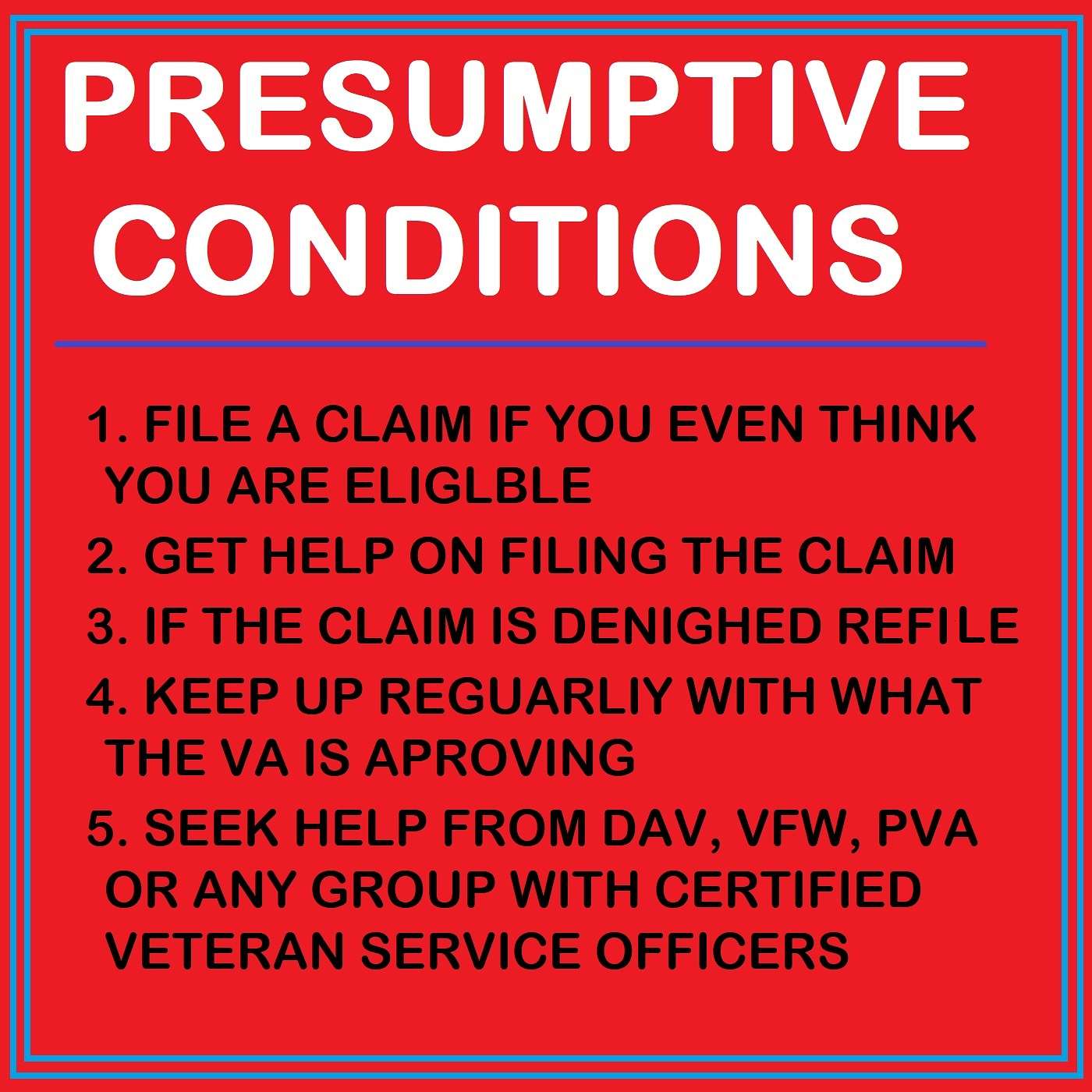 Presumptive diseases, what are they and how to they affect your claim. The VA accepts some diseases contracted from service in certain areas or exposure from some chemicals. They are constantly being updated.  Here is an update.